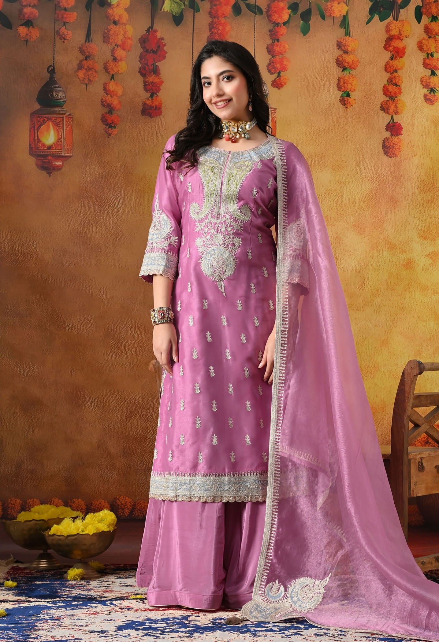 Lilac Purple Tissue Organza Sharara Set with intricate zardozi and applique work, paired with a matching dupatta