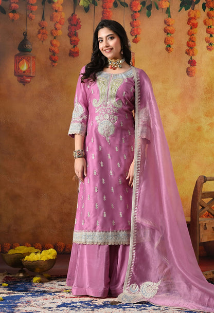 Lilac Purple Tissue Organza Sharara Set with intricate zardozi and applique work, paired with a matching dupatta