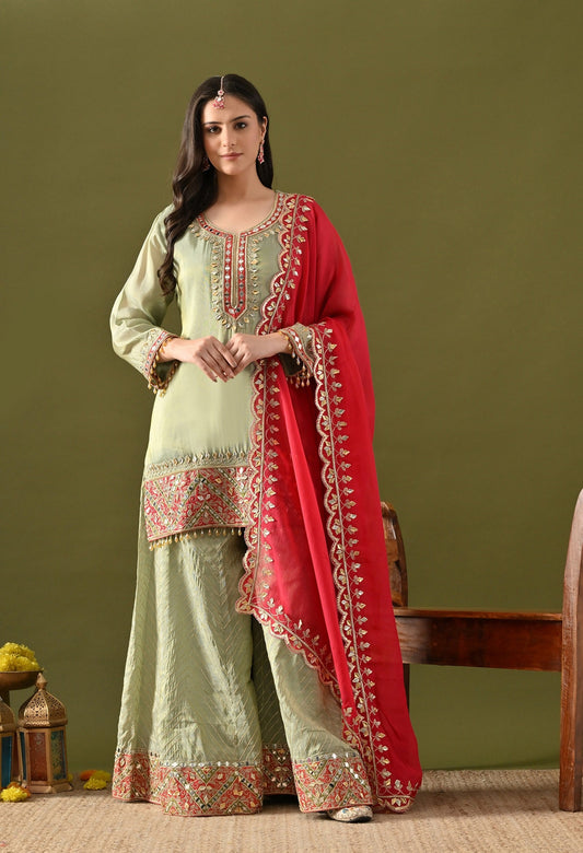 Pista Green Sharara Set with Gotta, Mirror & Zardozi Embroidery