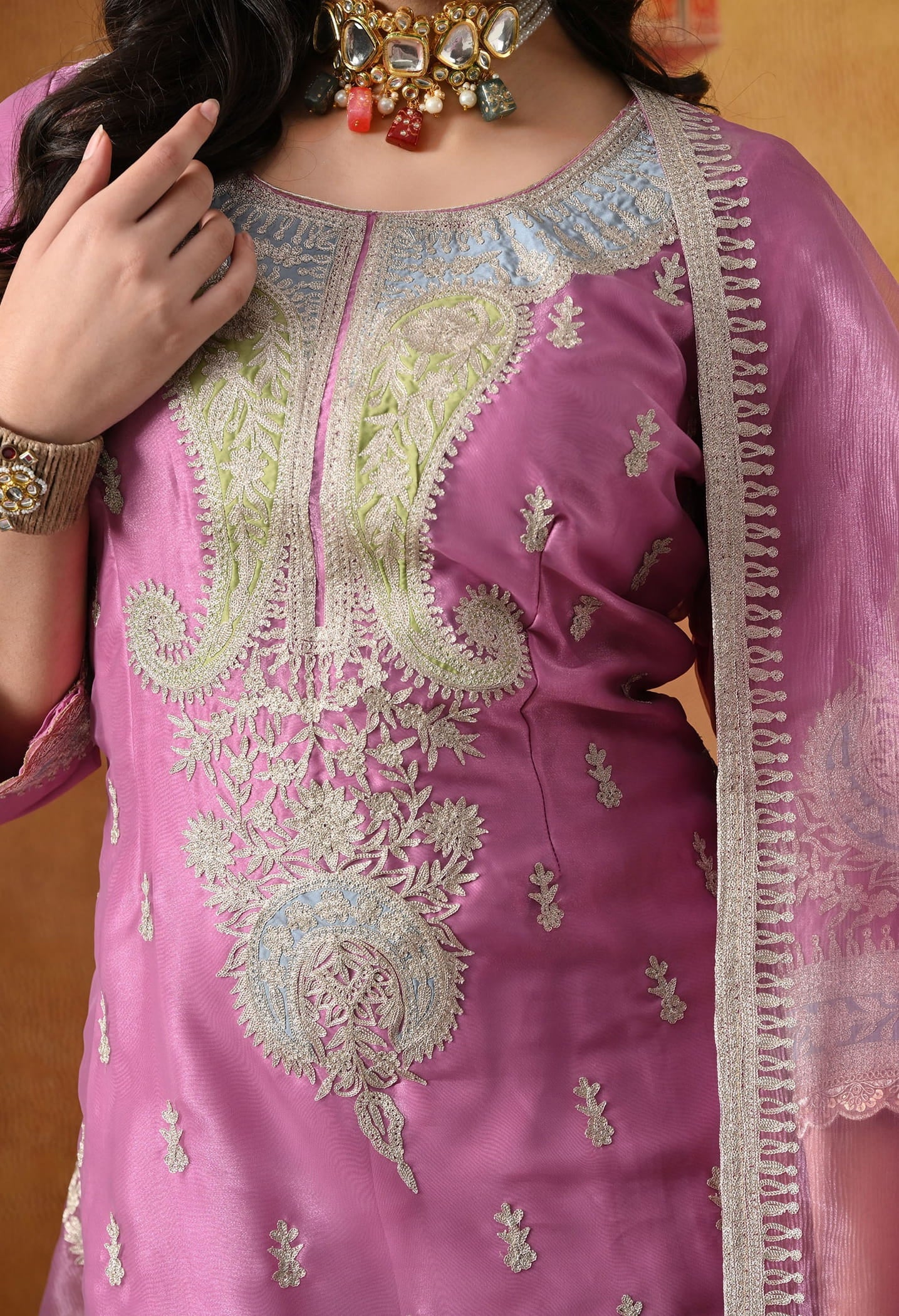 Lilac Purple Tissue Organza Sharara Set with intricate zardozi and applique work, paired with a matching dupatta