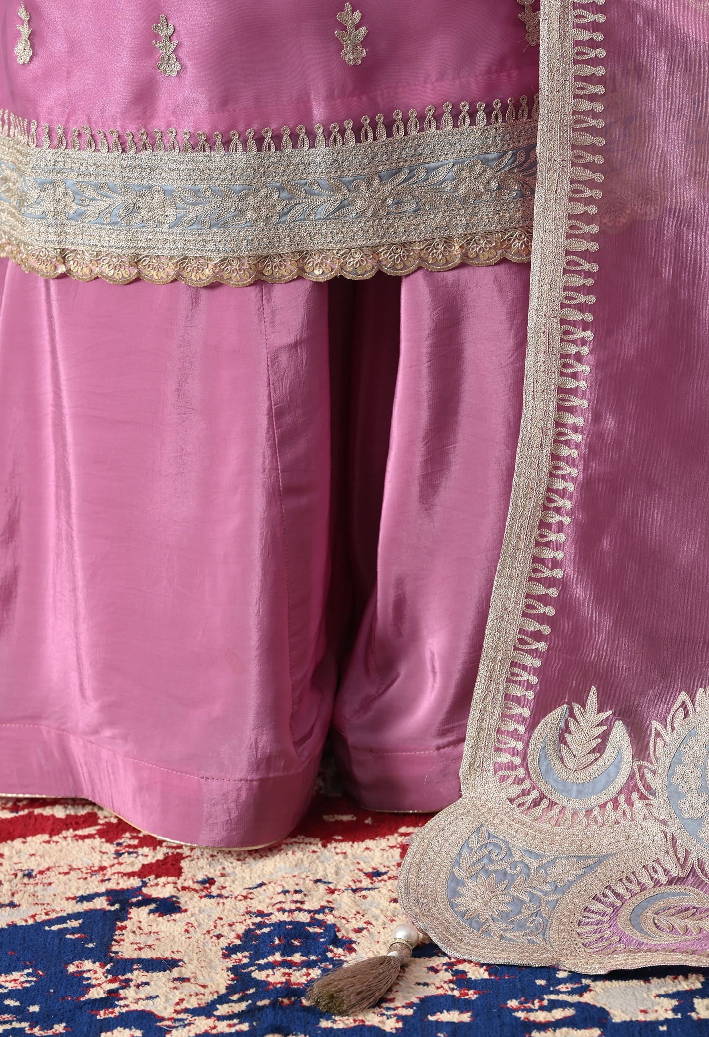 Lilac Purple Tissue Organza Sharara Set with intricate zardozi and applique work, paired with a matching dupatta