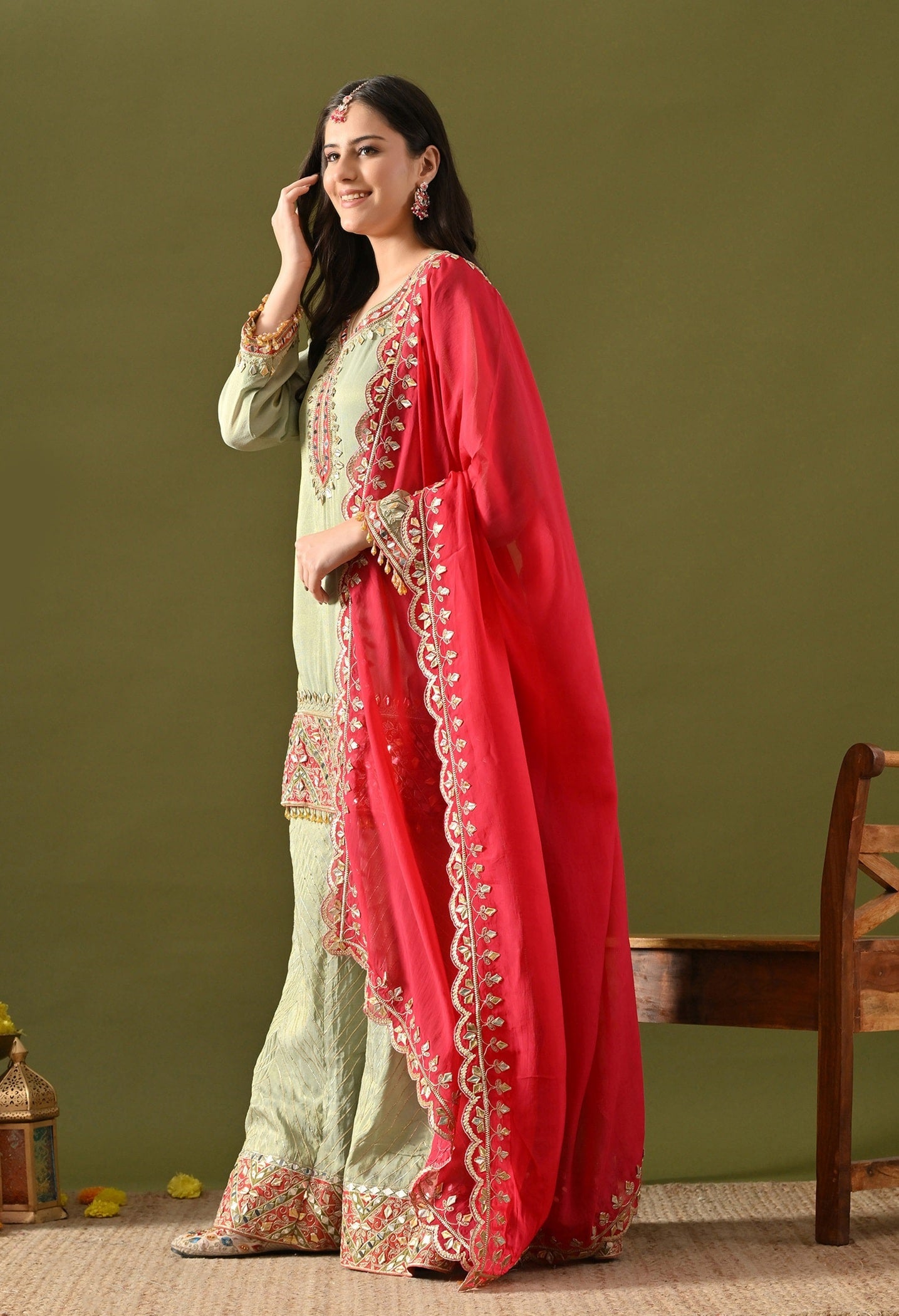 Pista Green Sharara Set with Gotta, Mirror & Zardozi Embroidery