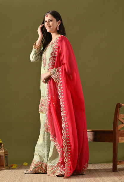 Pista Green Sharara Set with Gotta, Mirror & Zardozi Embroidery