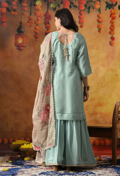 Pistachio Green Gharara Set in crust tissue with intricate gotta, applique, and zardozi work, paired with a contrasting brown dupatta