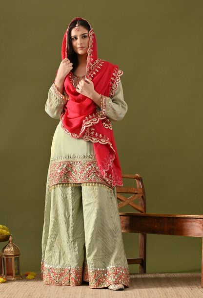 Pista Green Sharara Set with Gotta, Mirror & Zardozi Embroidery
