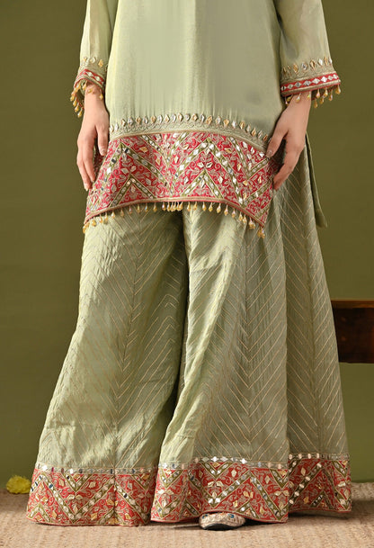 Pista Green Sharara Set with Gotta, Mirror & Zardozi Embroidery