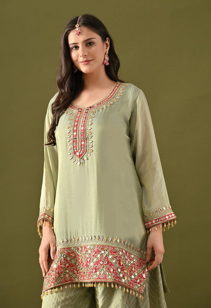 Pista Green Sharara Set with Gotta, Mirror & Zardozi Embroidery