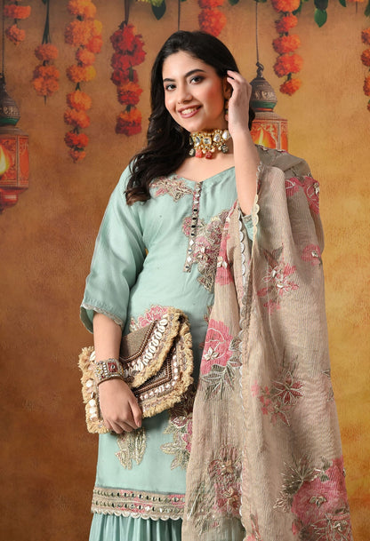 Pistachio Green Gharara Set in crust tissue with intricate gotta, applique, and zardozi work, paired with a contrasting brown dupatta
