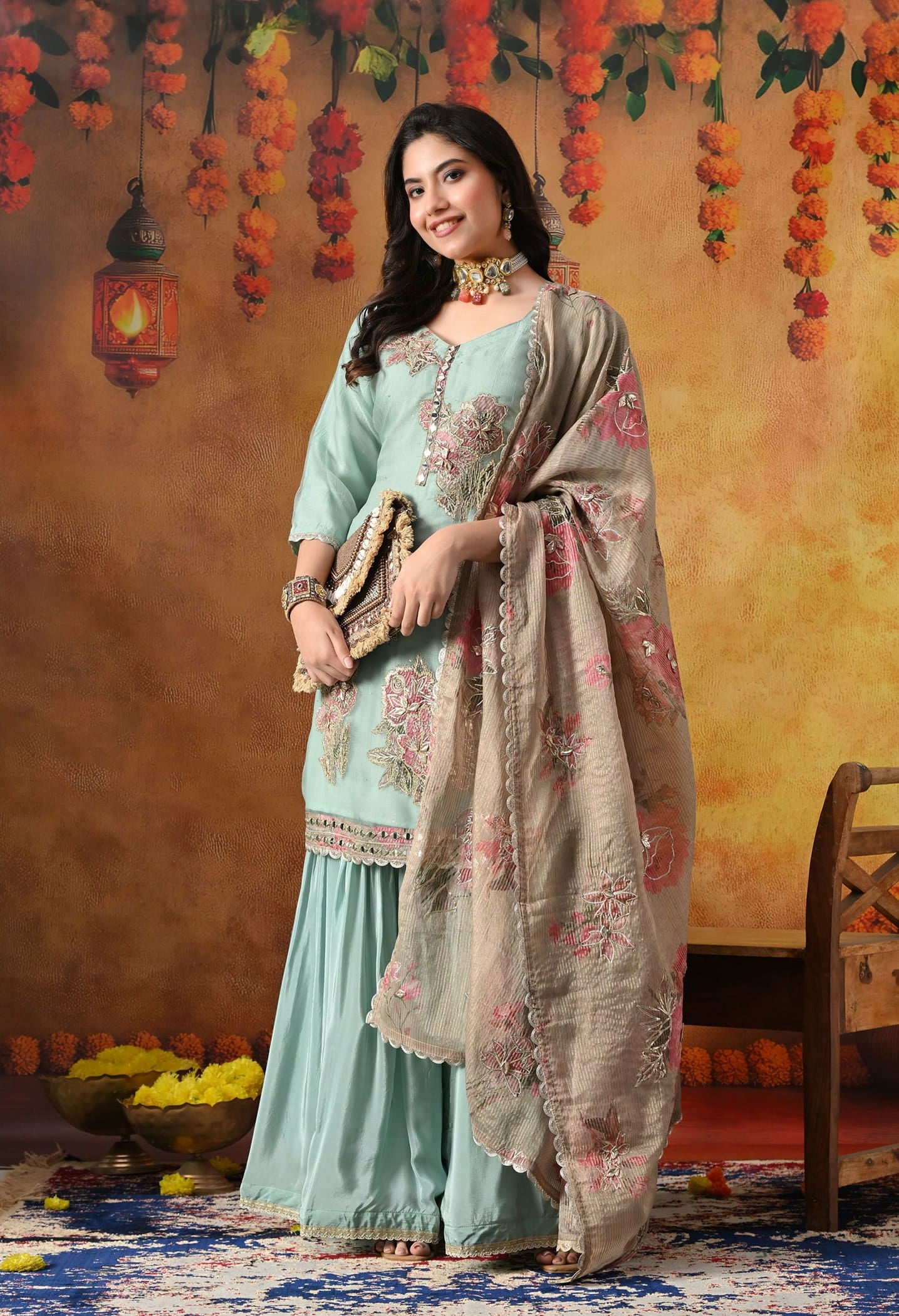 Pistachio Green Gharara Set in crust tissue with intricate gotta, applique, and zardozi work, paired with a contrasting brown dupatta