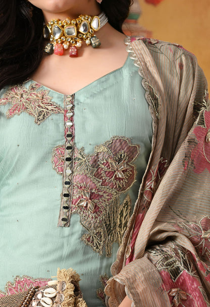 Pistachio Green Gharara Set in crust tissue with intricate gotta, applique, and zardozi work, paired with a contrasting brown dupatta