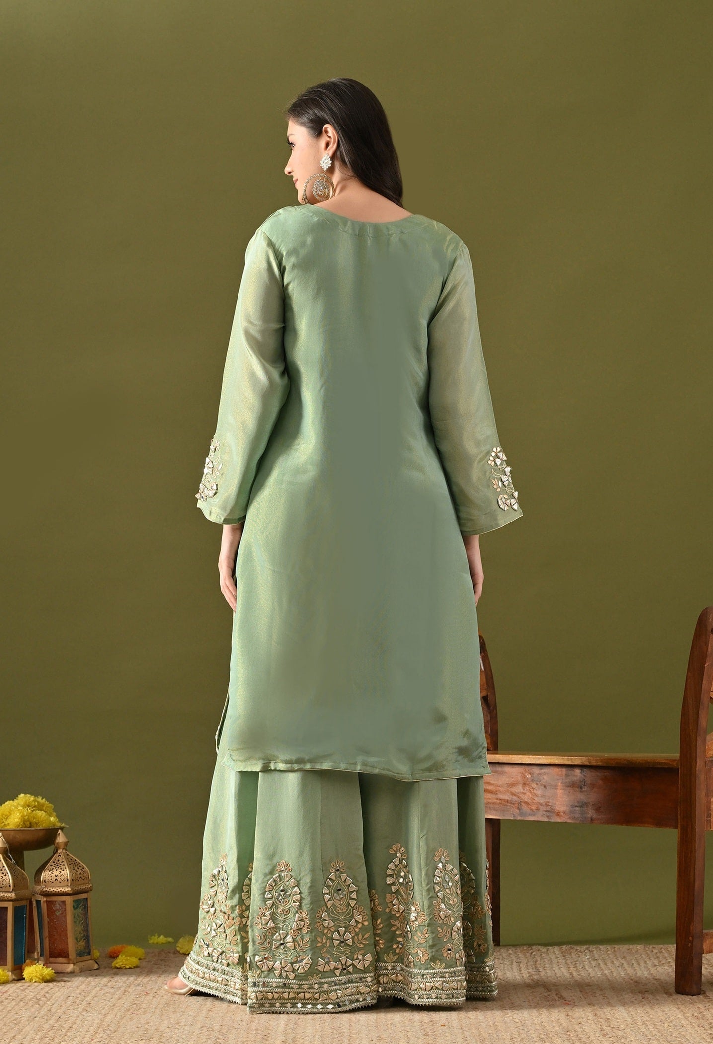 Pista Green Benarasi Silk Sharara Set  with Gotta, Zardozi & Mirror Work