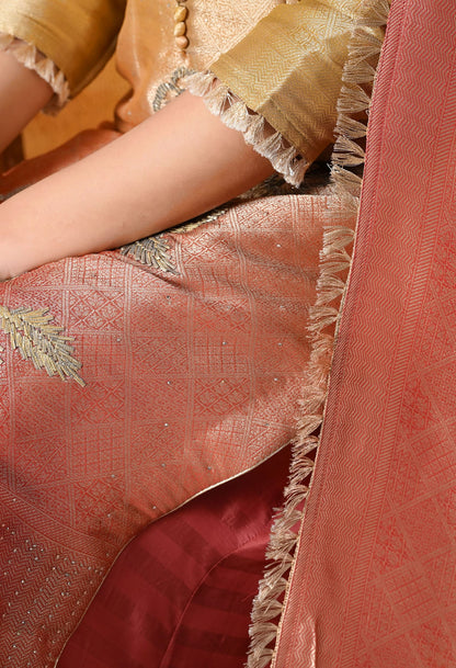 Golden Yellow Brocade Silk Sharara Set with intricate gotta and crystal work, paired with a brown sharara and golden dupatta