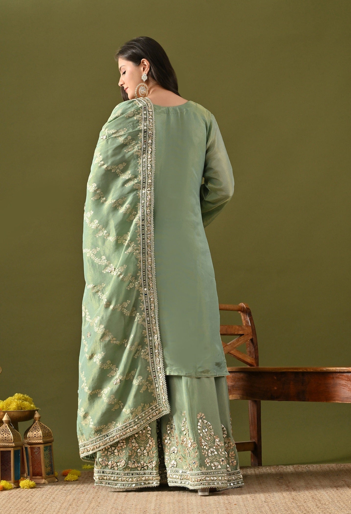 Pista Green Benarasi Silk Sharara Set  with Gotta, Zardozi & Mirror Work