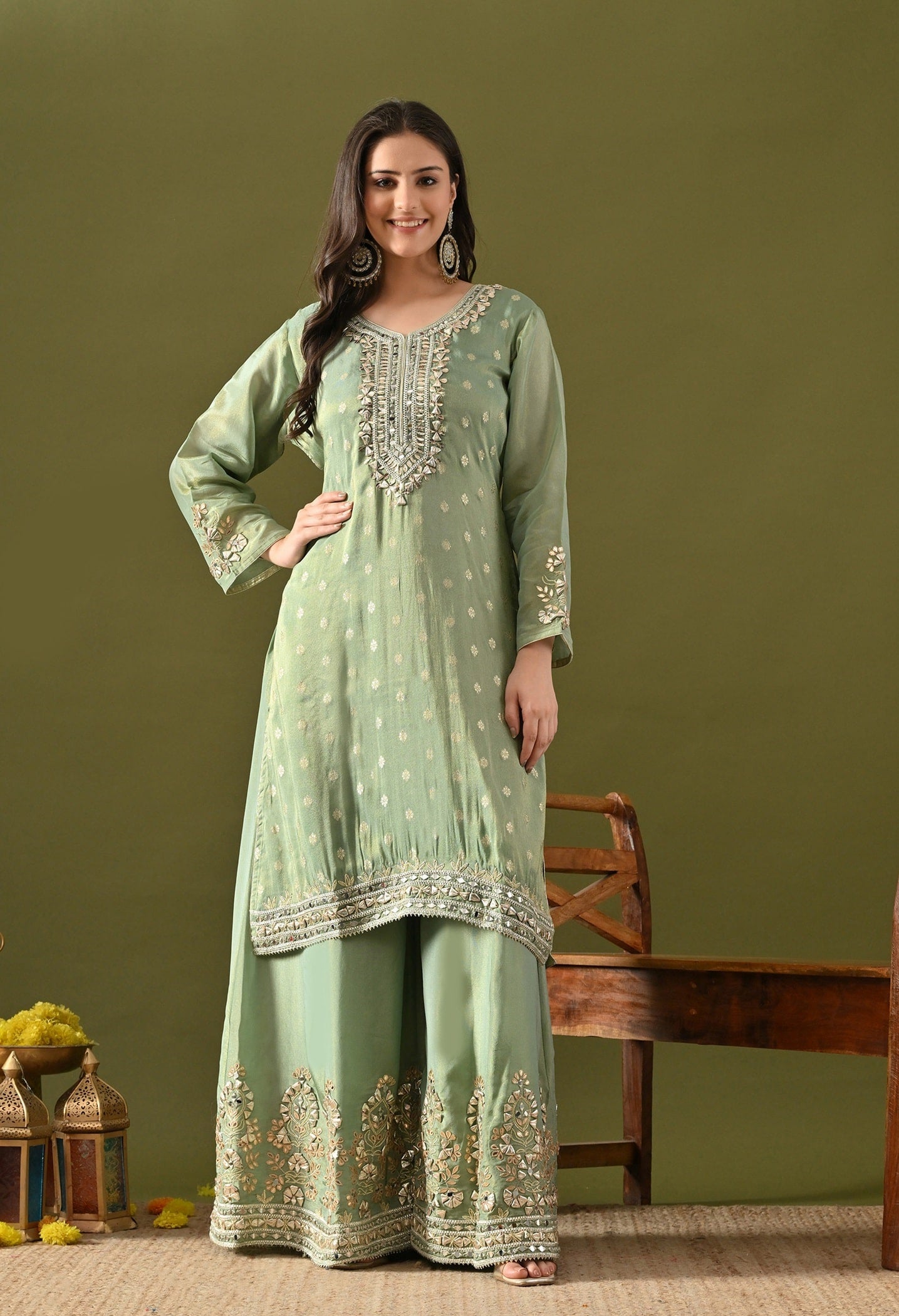 Pista Green Benarasi Silk Sharara Set  with Gotta, Zardozi & Mirror Work