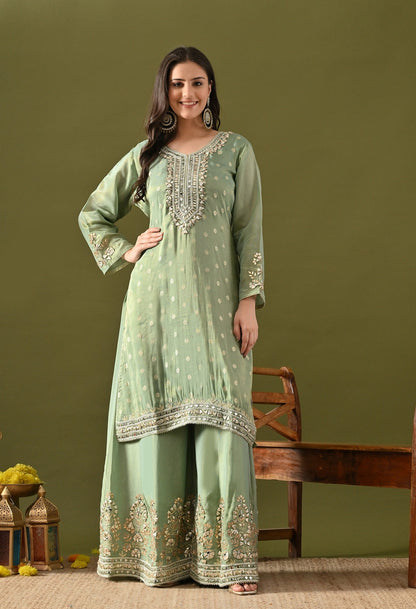 Pista Green Benarasi Silk Sharara Set  with Gotta, Zardozi & Mirror Work