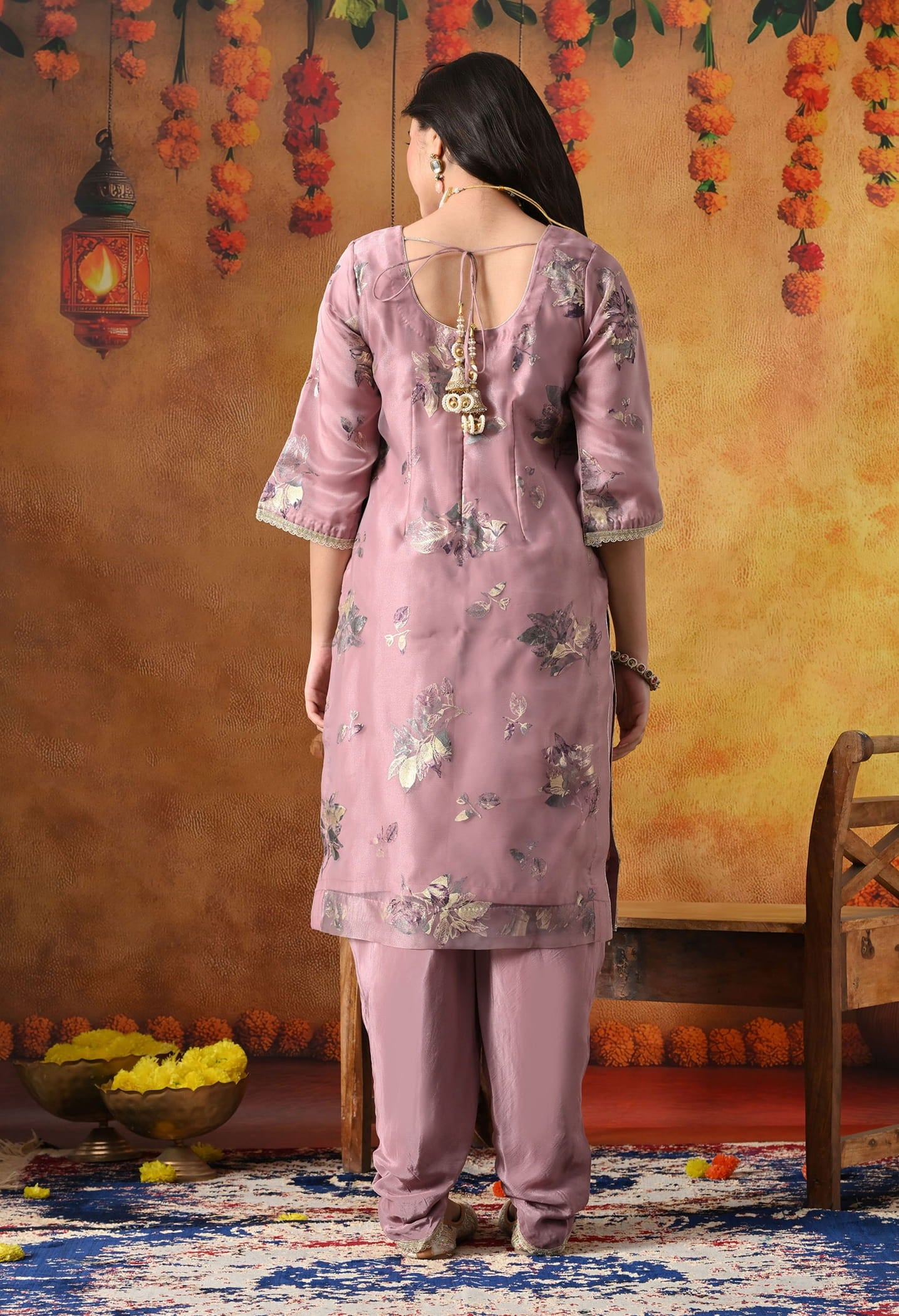 Lilac Purple Tissue Organza Kurta Set with intricate gotta, crystal, and zardozi work, paired with a tulip salwar and matching dupatta