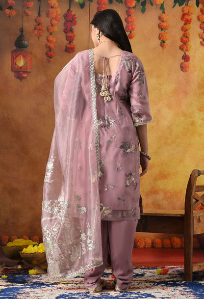 Lilac Purple Tissue Organza Kurta Set with intricate gotta, crystal, and zardozi work, paired with a tulip salwar and matching dupatta