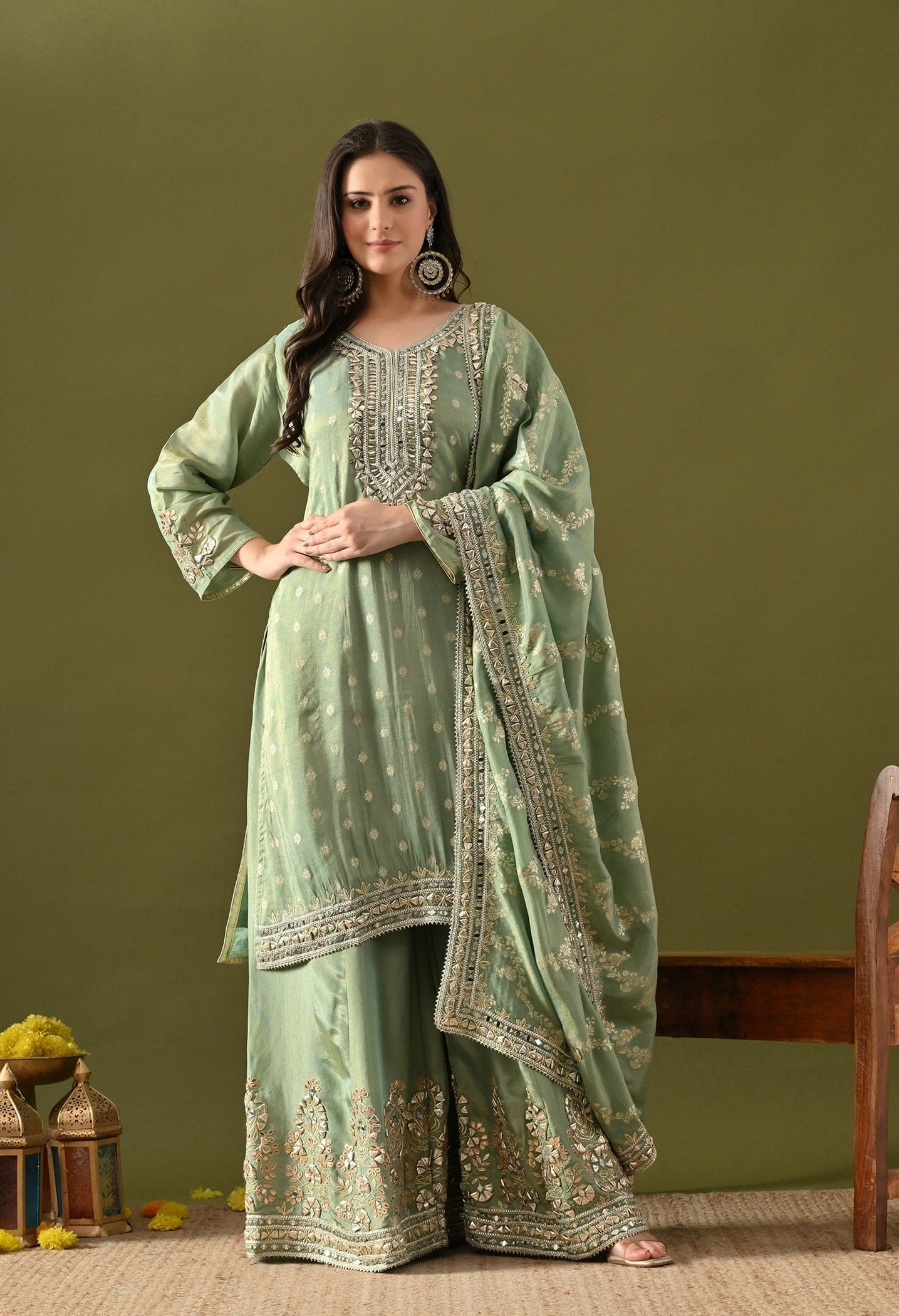 Pista Green Benarasi Silk Sharara Set  with Gotta, Zardozi & Mirror Work