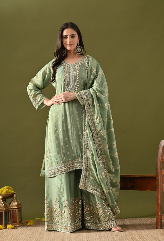 Pista Green Benarasi Silk Sharara Set  with Gotta, Zardozi & Mirror Work
