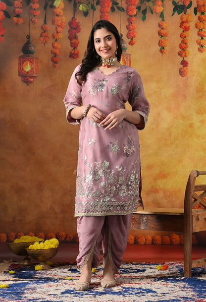 Lilac Purple Tissue Organza Kurta Set with intricate gotta, crystal, and zardozi work, paired with a tulip salwar and matching dupatta