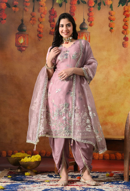 Lilac Purple Tissue Organza Kurta Set with intricate gotta, crystal, and zardozi work, paired with a tulip salwar and matching dupatta