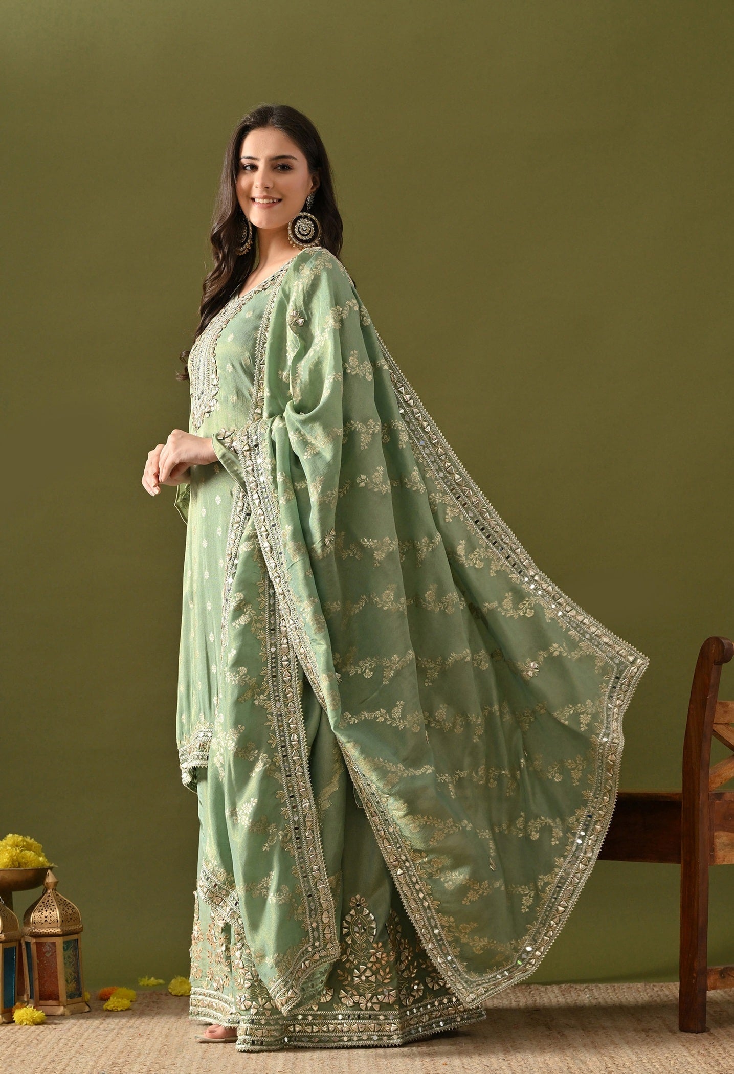 Pista Green Benarasi Silk Sharara Set  with Gotta, Zardozi & Mirror Work