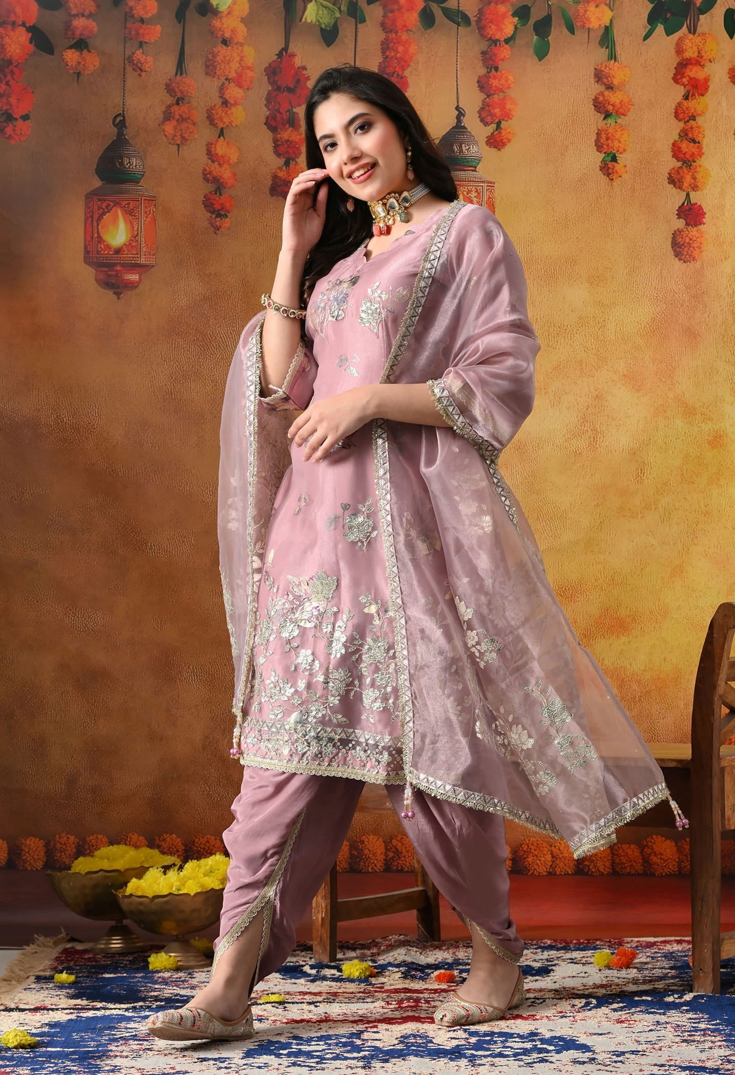 Lilac Purple Tissue Organza Kurta Set with intricate gotta, crystal, and zardozi work, paired with a tulip salwar and matching dupatta