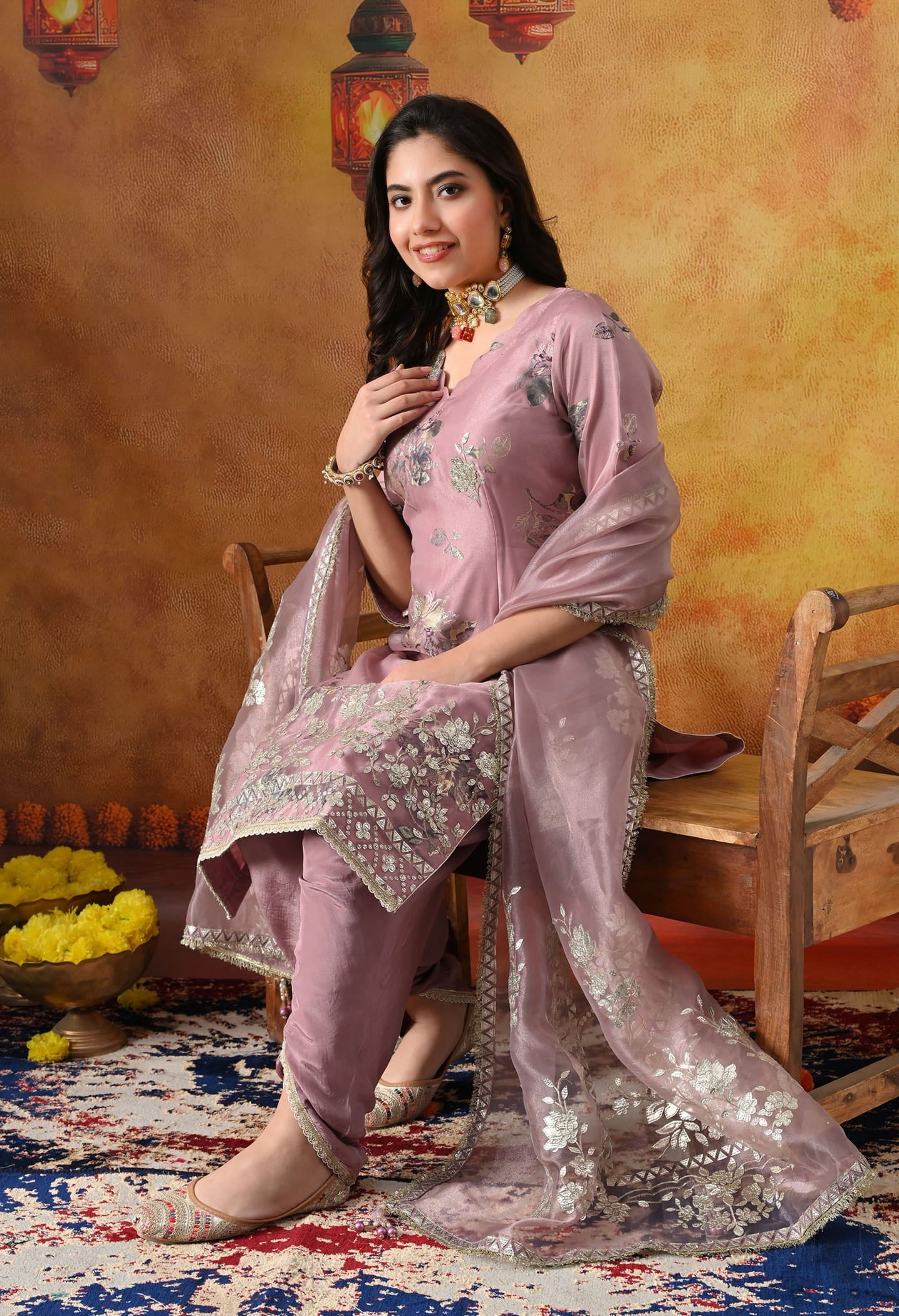 Lilac Purple Tissue Organza Kurta Set with intricate gotta, crystal, and zardozi work, paired with a tulip salwar and matching dupatta