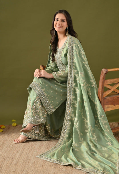 Pista Green Benarasi Silk Sharara Set  with Gotta, Zardozi & Mirror Work