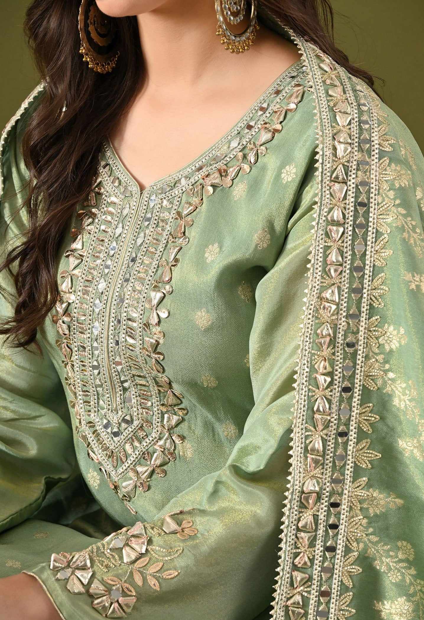 Pista Green Benarasi Silk Sharara Set  with Gotta, Zardozi & Mirror Work