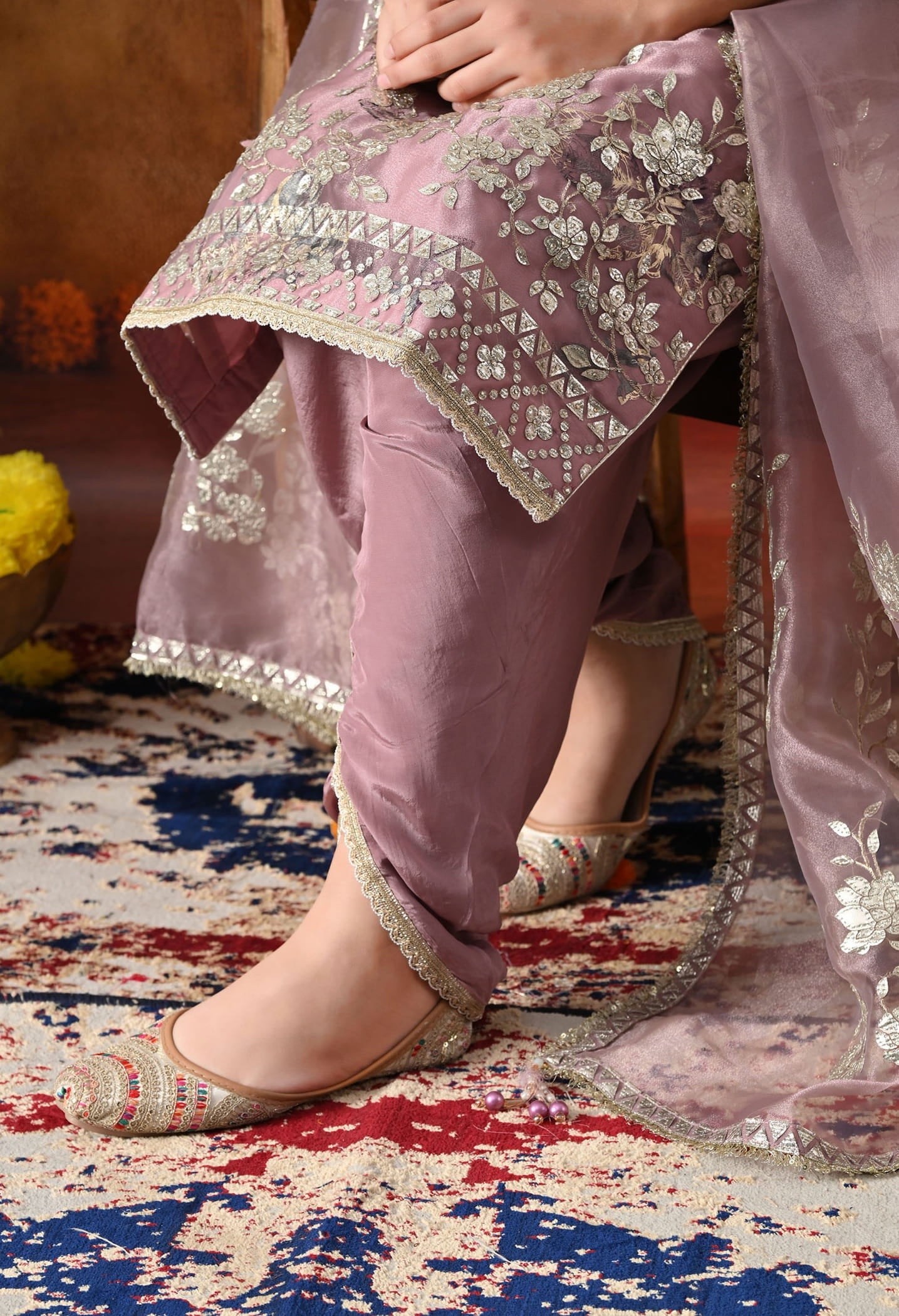 Lilac Purple Tissue Organza Kurta Set with intricate gotta, crystal, and zardozi work, paired with a tulip salwar and matching dupatta