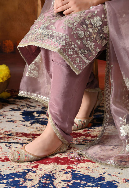 Lilac Purple Tissue Organza Kurta Set with intricate gotta, crystal, and zardozi work, paired with a tulip salwar and matching dupatta
