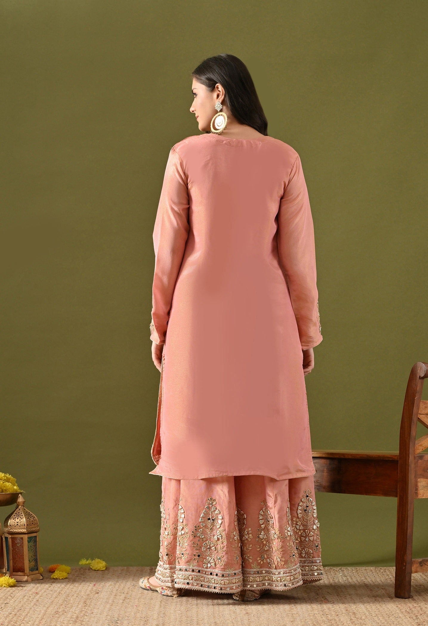 Dark Peach Benarasi Silk Sharara Set with Gotta, Zardozi & Mirror Embroidery