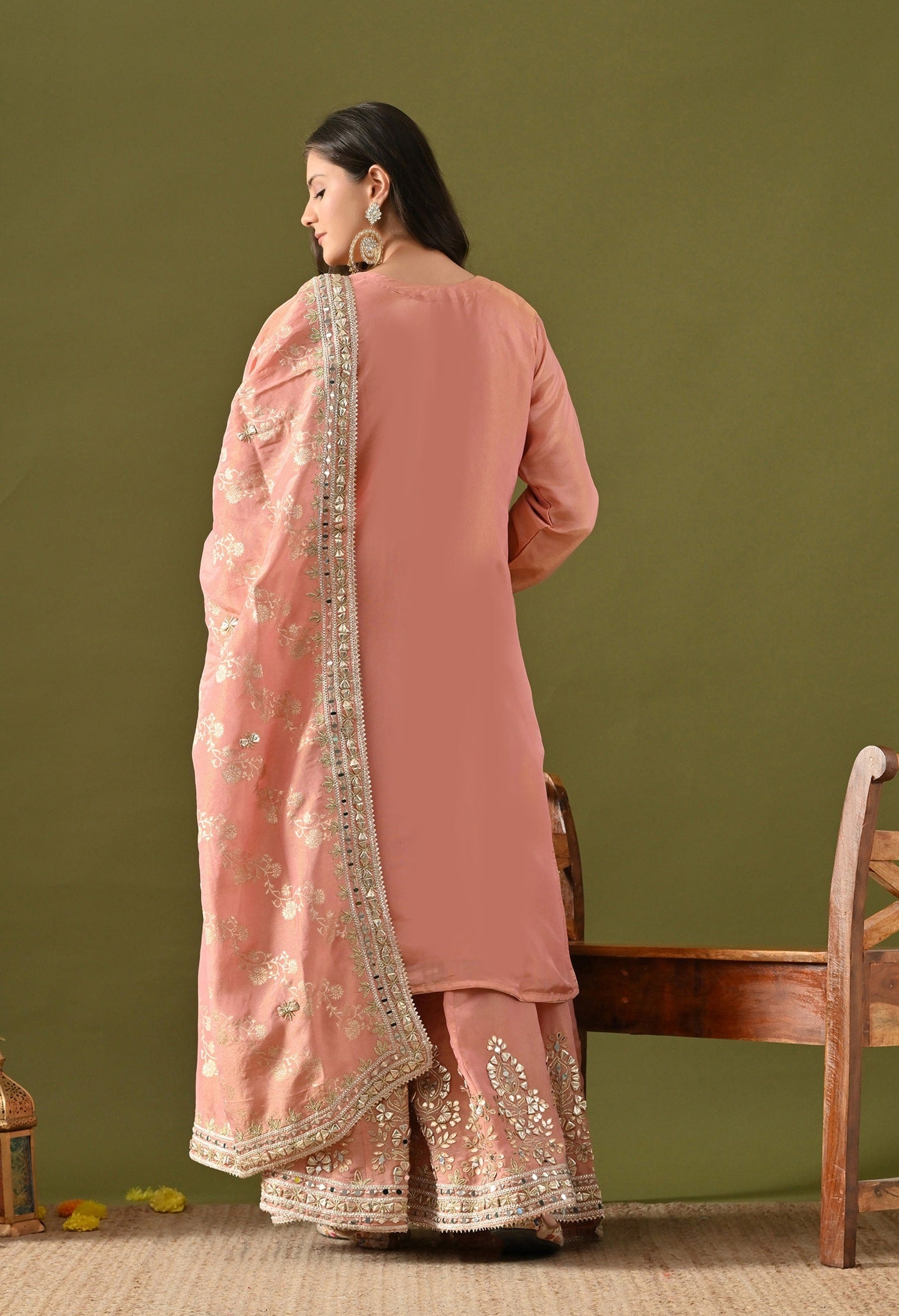 Dark Peach Benarasi Silk Sharara Set with Gotta, Zardozi & Mirror Embroidery