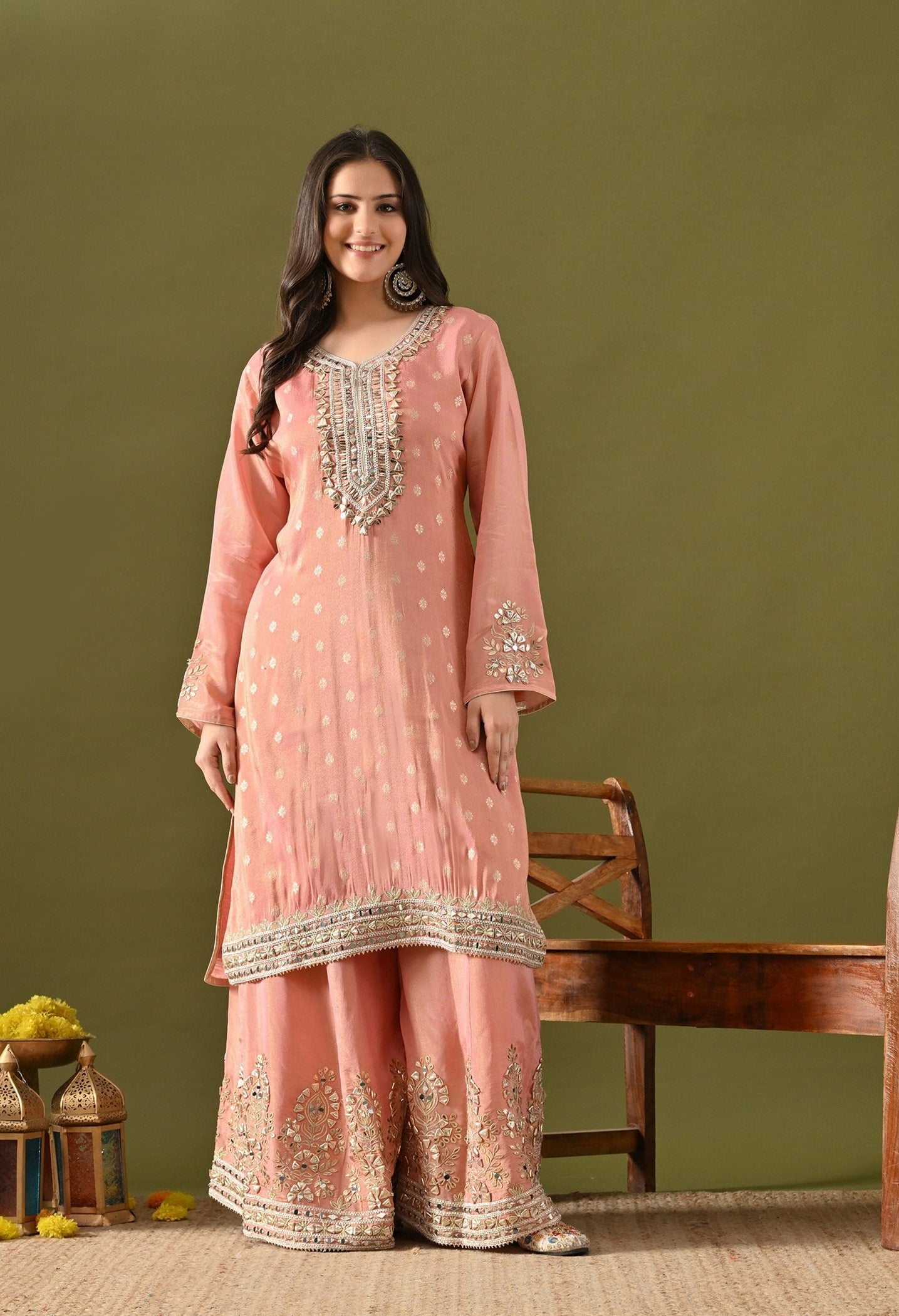 Dark Peach Benarasi Silk Sharara Set with Gotta, Zardozi & Mirror Embroidery