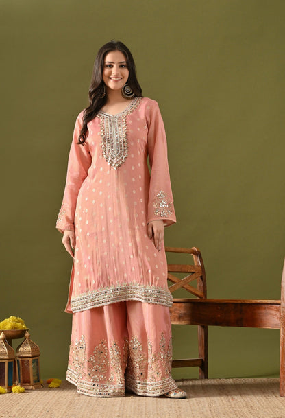 Dark Peach Benarasi Silk Sharara Set with Gotta, Zardozi & Mirror Embroidery