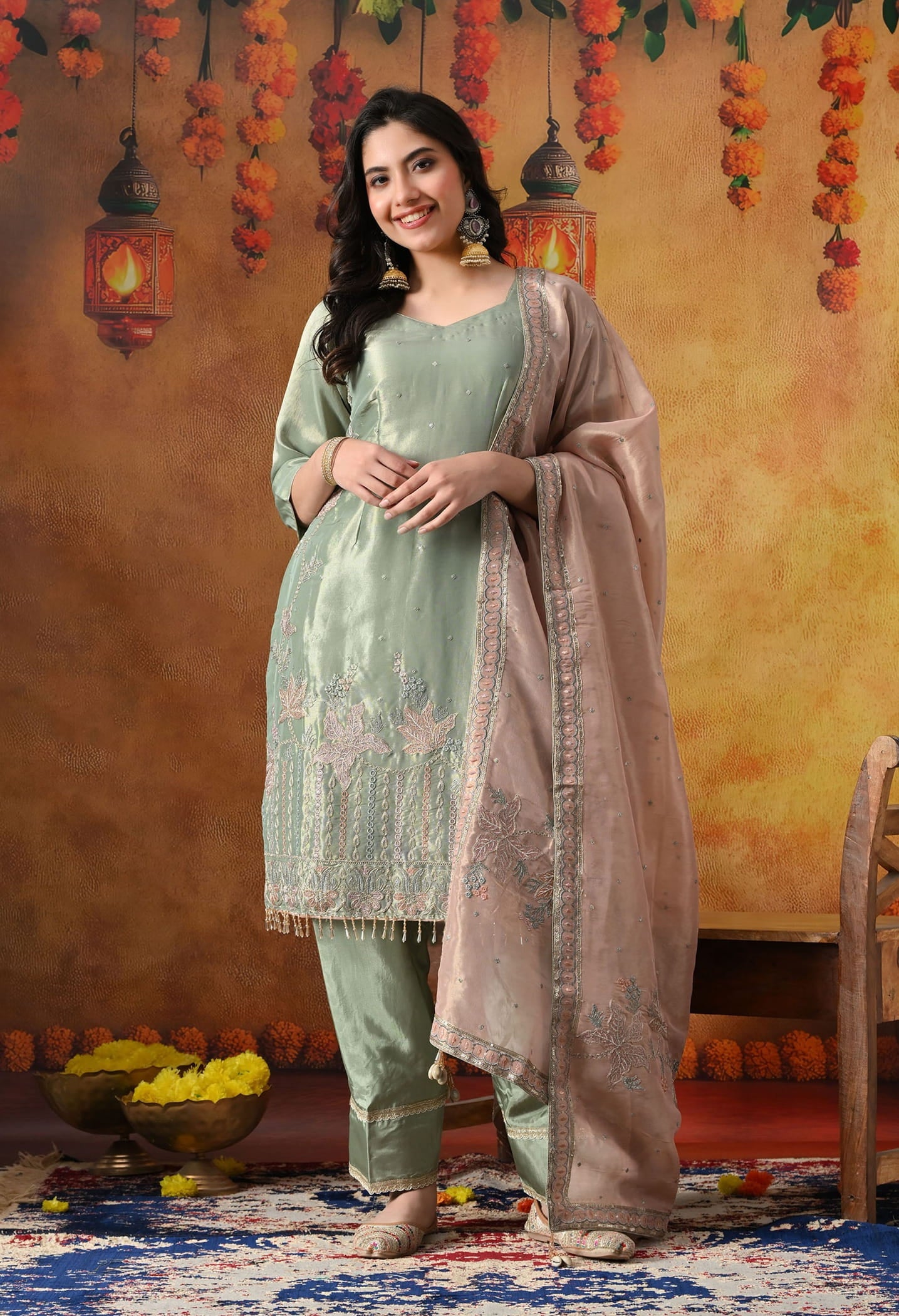 Pistachio Green Tissue Organza Kurta Set with intricate zardozi and sequin work, paired with a peach dupatta and straight pants