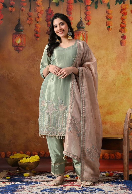 Pistachio Green Tissue Organza Kurta Set with intricate zardozi and sequin work, paired with a peach dupatta and straight pants