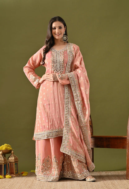Dark Peach Benarasi Silk Sharara Set with Gotta, Zardozi & Mirror Embroidery