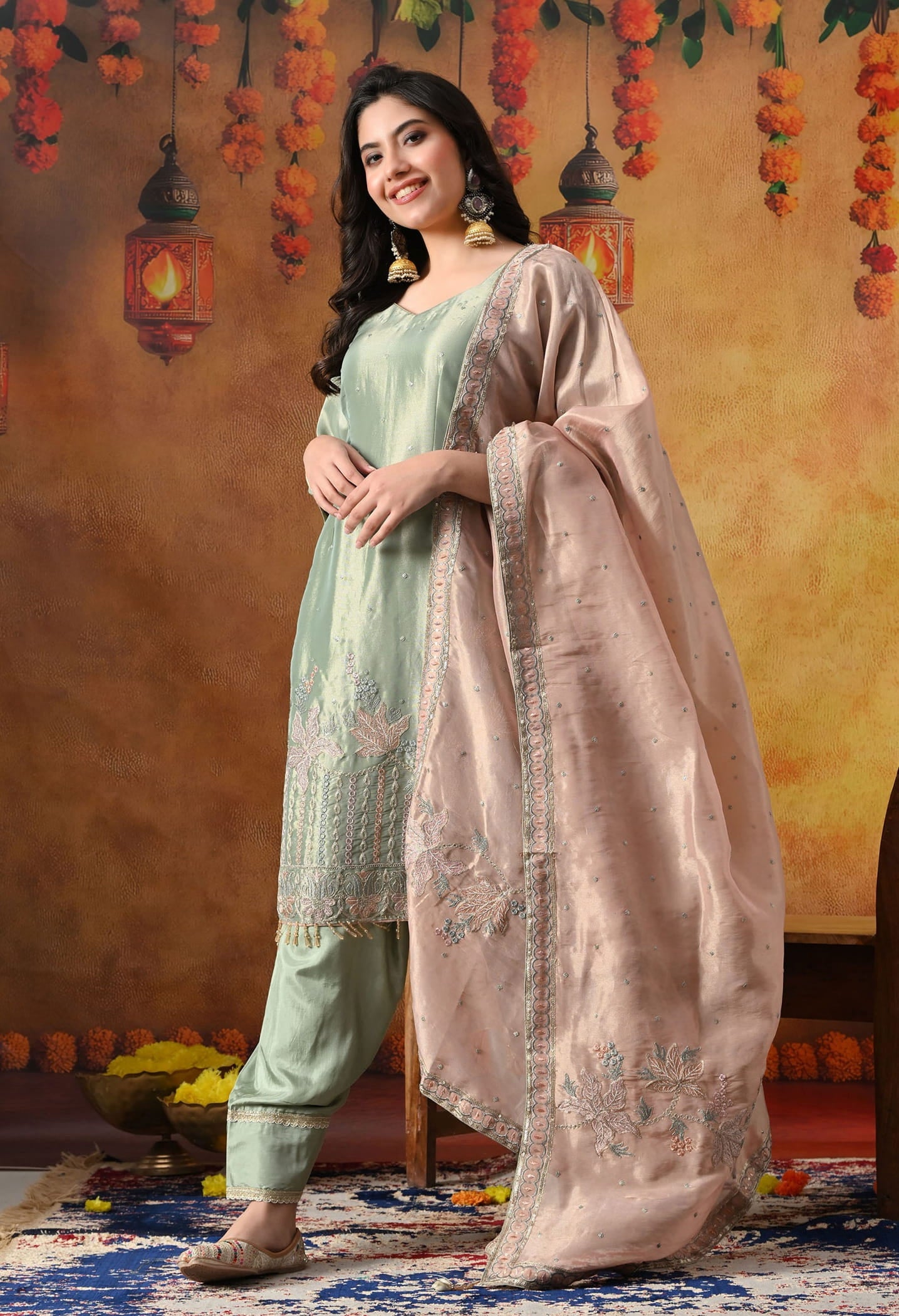 Pistachio Green Tissue Organza Kurta Set with intricate zardozi and sequin work, paired with a peach dupatta and straight pants