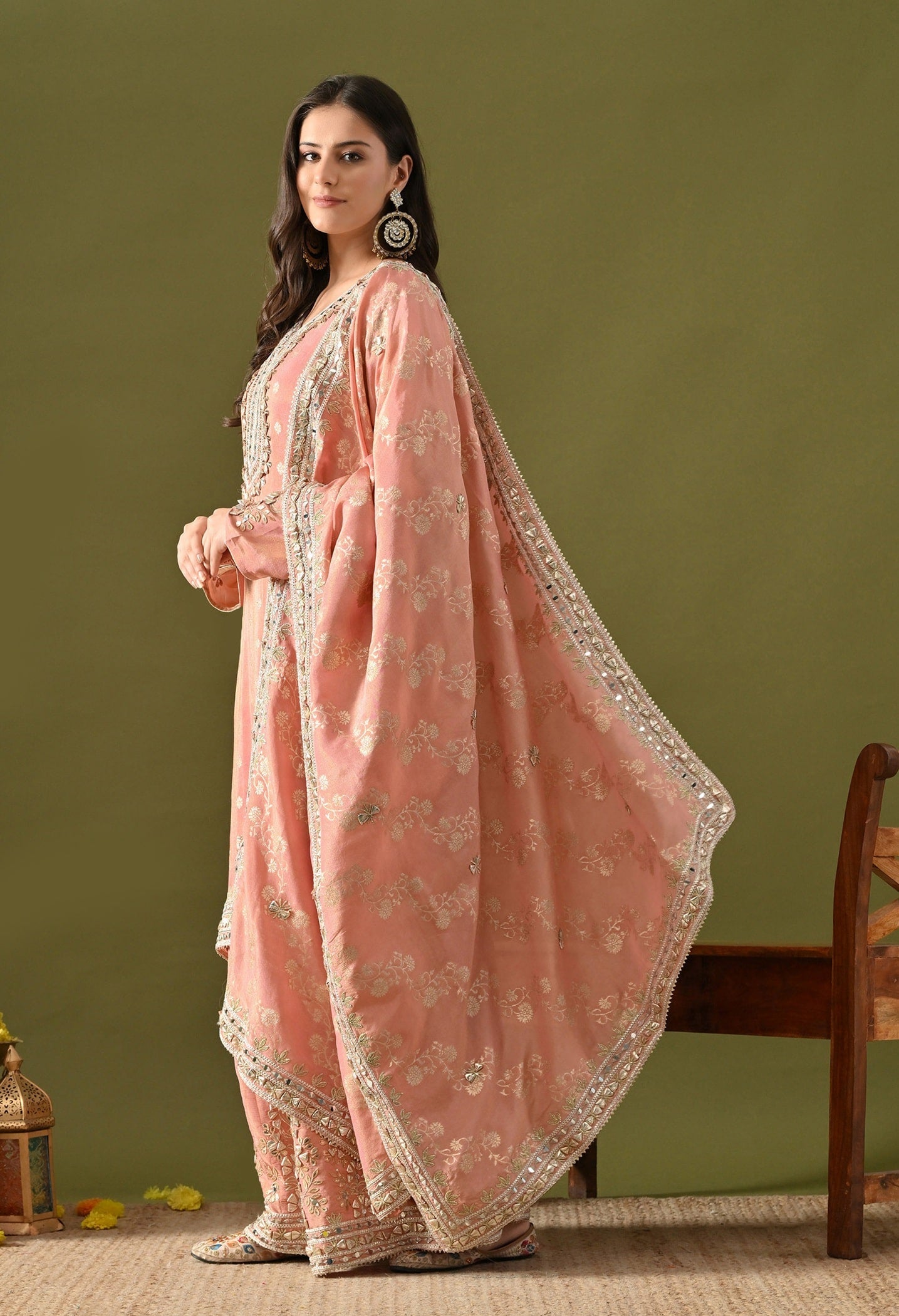 Dark Peach Benarasi Silk Sharara Set with Gotta, Zardozi & Mirror Embroidery