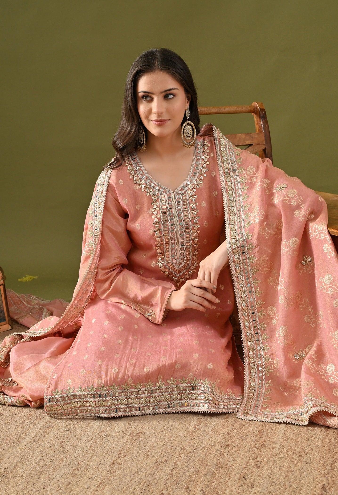 Dark Peach Benarasi Silk Sharara Set with Gotta, Zardozi & Mirror Embroidery
