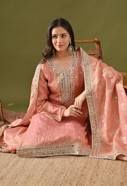 Dark Peach Benarasi Silk Sharara Set with Gotta, Zardozi & Mirror Embroidery