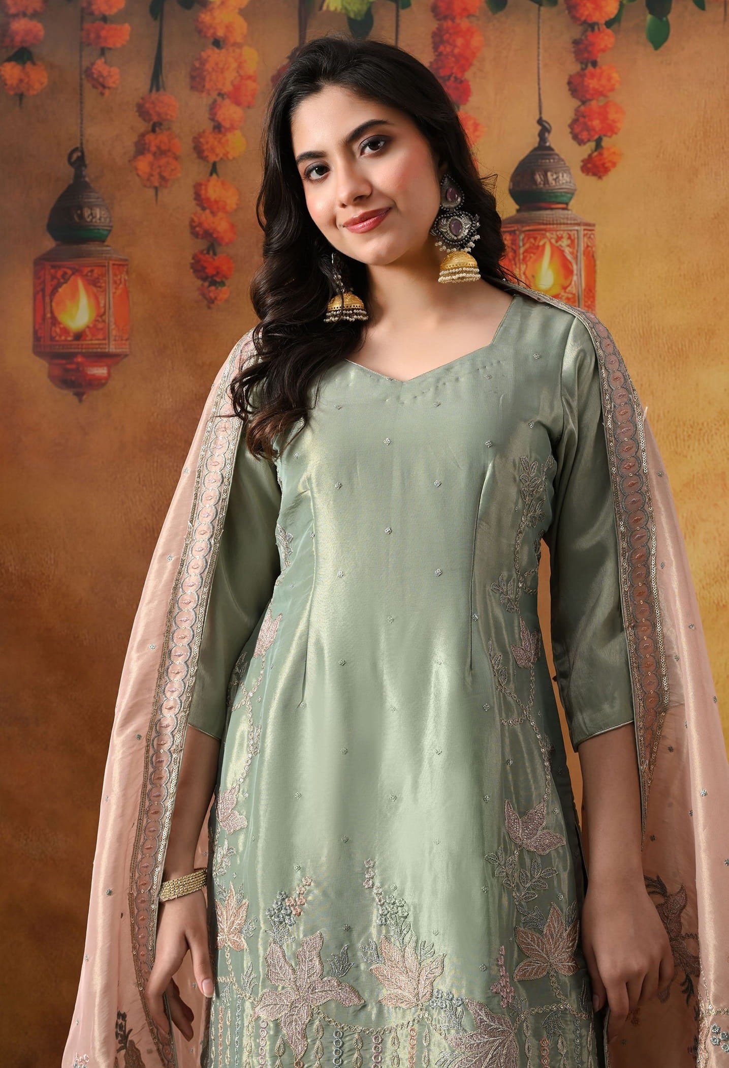 Pistachio Green Tissue Organza Kurta Set with intricate zardozi and sequin work, paired with a peach dupatta and straight pants