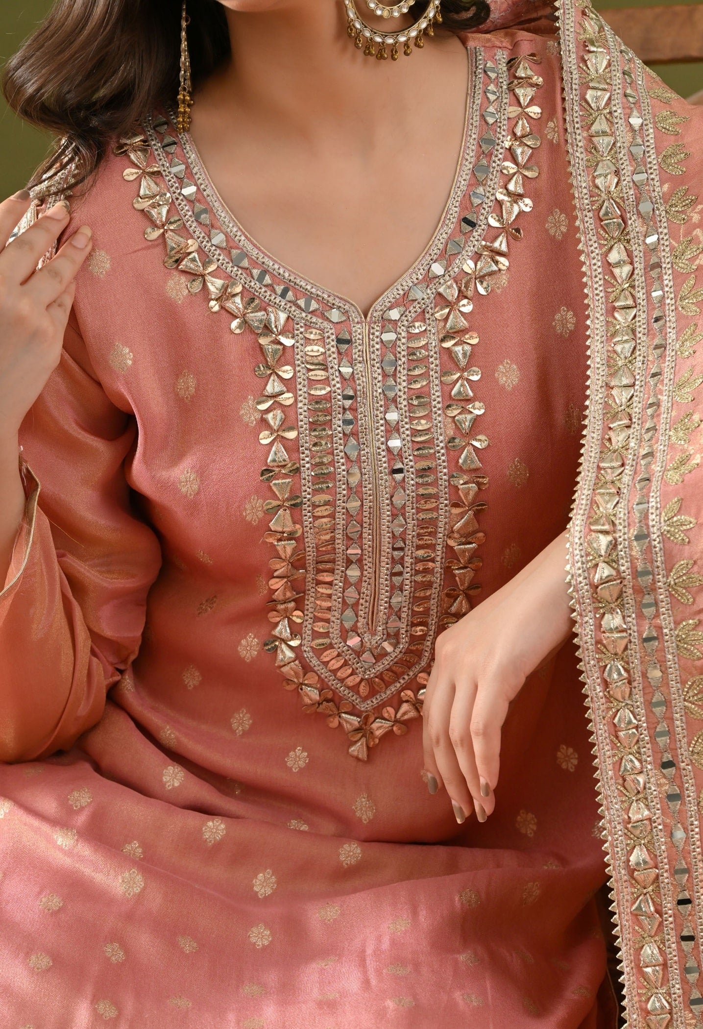 Dark Peach Benarasi Silk Sharara Set with Gotta, Zardozi & Mirror Embroidery