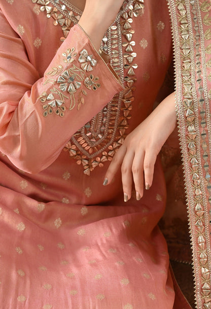 Dark Peach Benarasi Silk Sharara Set with Gotta, Zardozi & Mirror Embroidery