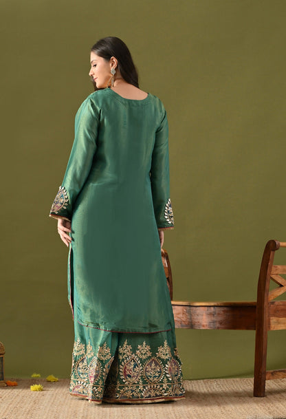 Green Tissue Silk Sharara Set with Gotta, Applique & Zardozi Work.