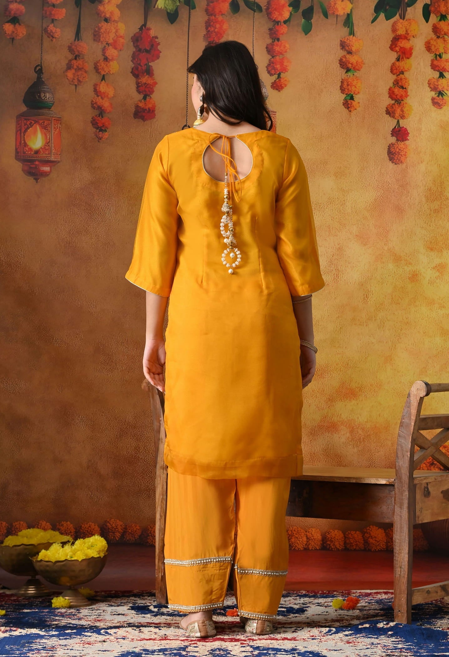 Orangeish Yellow Tissue Organza Kurta Set with intricate gotta, zardozi, and crystal work, paired with a farshi salwar