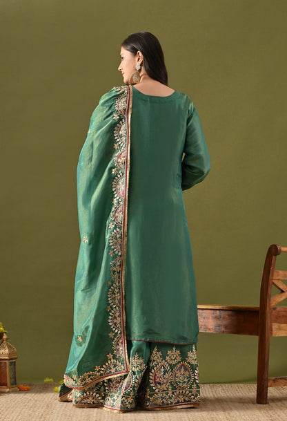 Green Tissue Silk Sharara Set with Gotta, Applique & Zardozi Work.