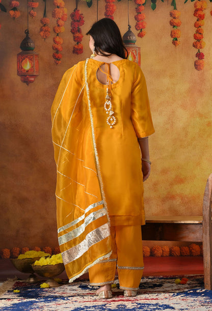 Orangeish Yellow Tissue Organza Kurta Set with intricate gotta, zardozi, and crystal work, paired with a farshi salwar